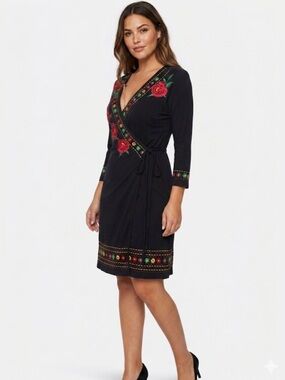 JW Los Angeles Johnny Was Embroidered Floral Wrap Dress - S